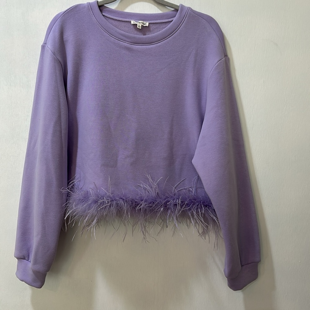 MAINS TRIP FEATHER SWEATSHIRT WOMEN SIZE L PURPLE LONG SLEEVE OVERSIZED - Picture 2 of 11